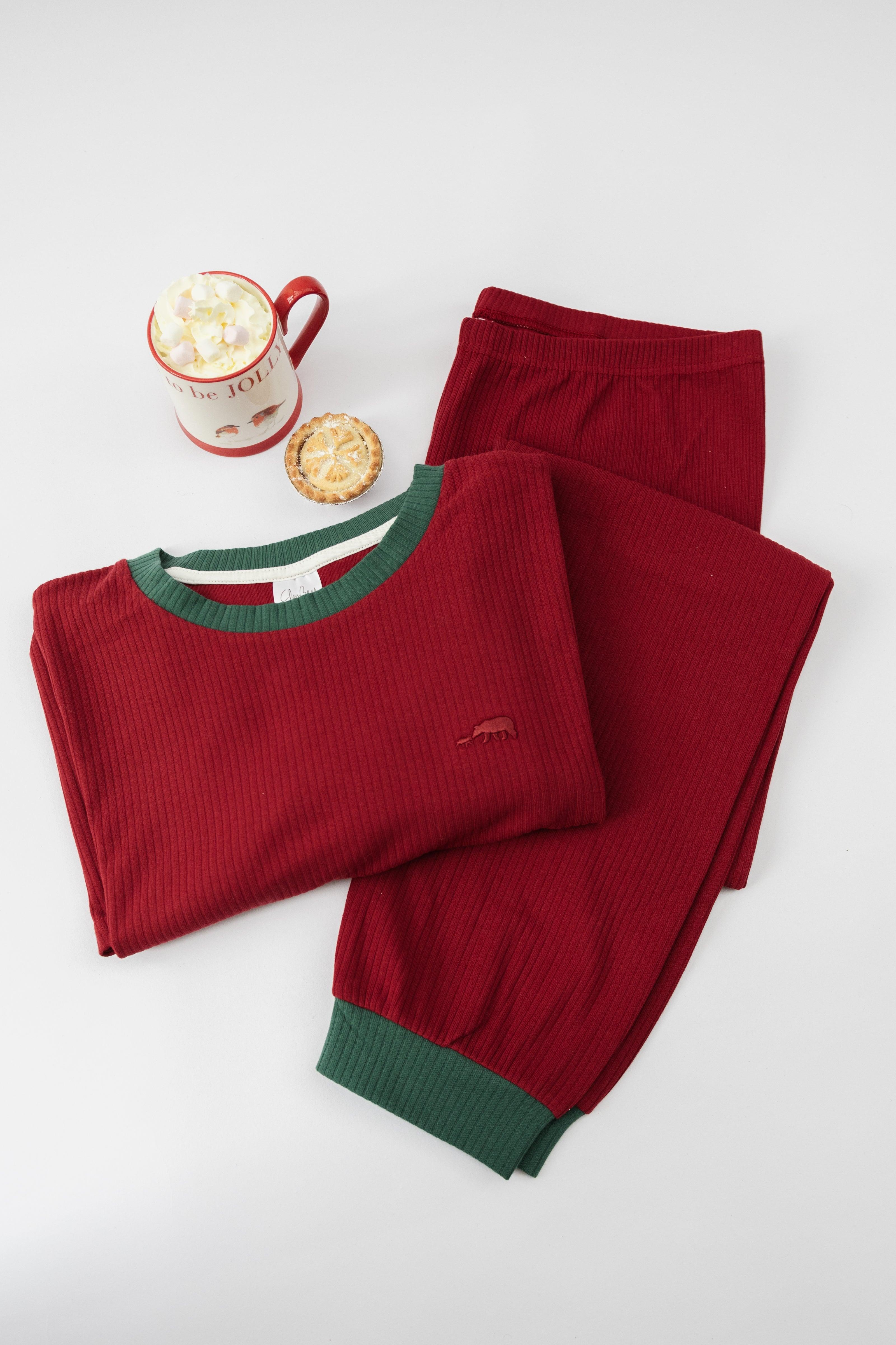 ClayBARE Red with Deep Green Adult Organic Ribbed Pyjamas