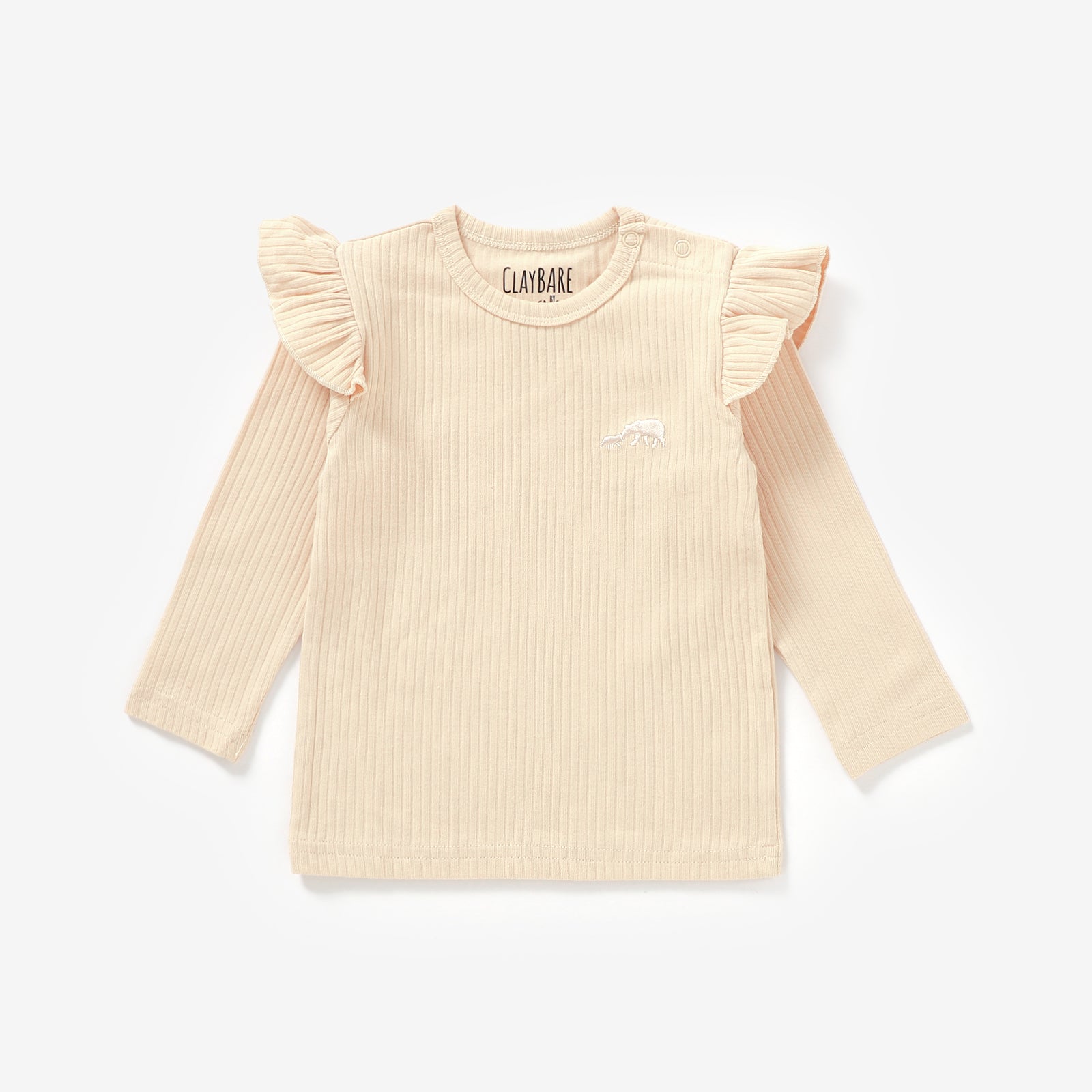 Beige Frill Ribbed Long Sleeve Top