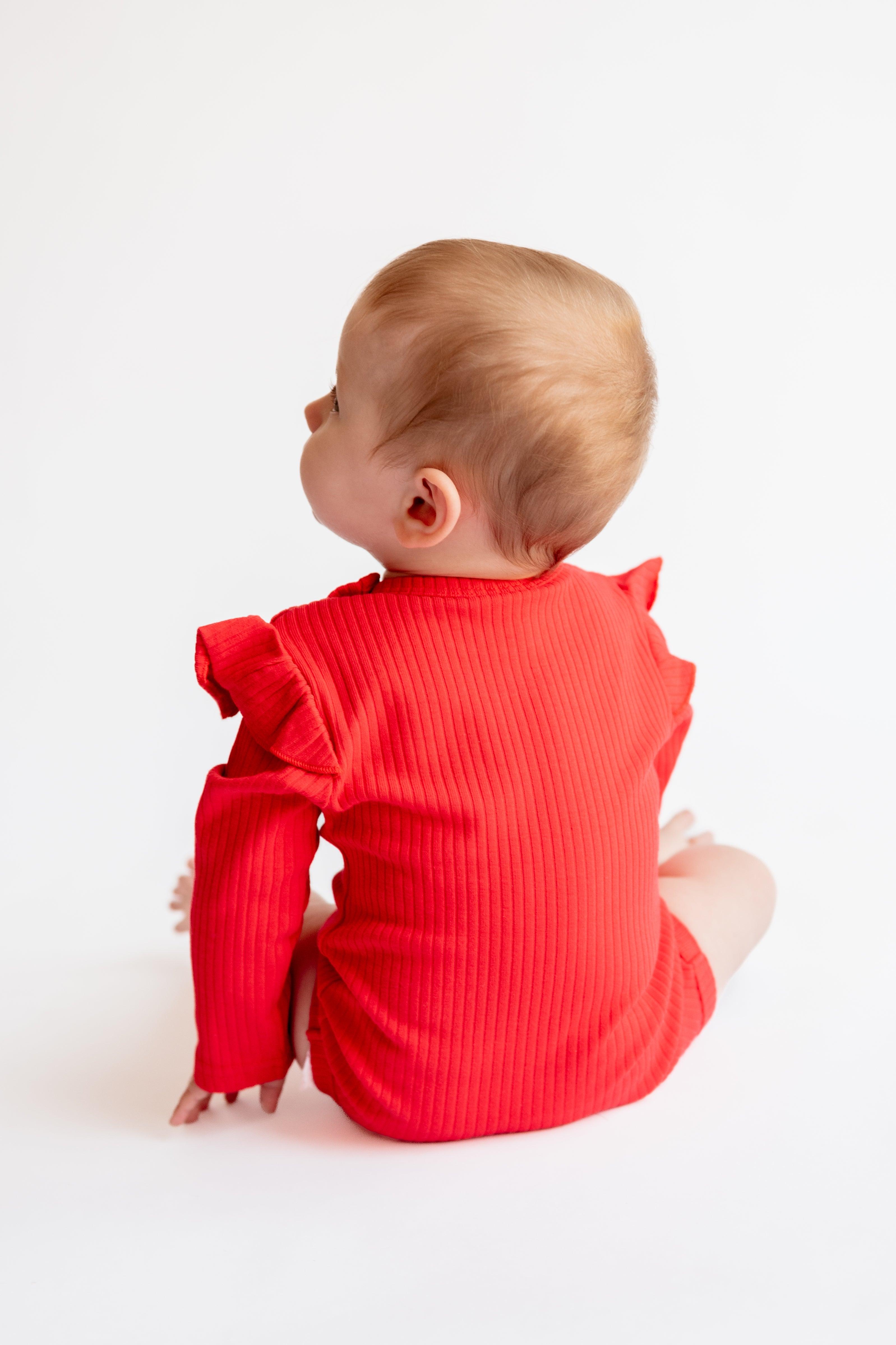 Bright Red Frill Long Sleeve Bodysuit
