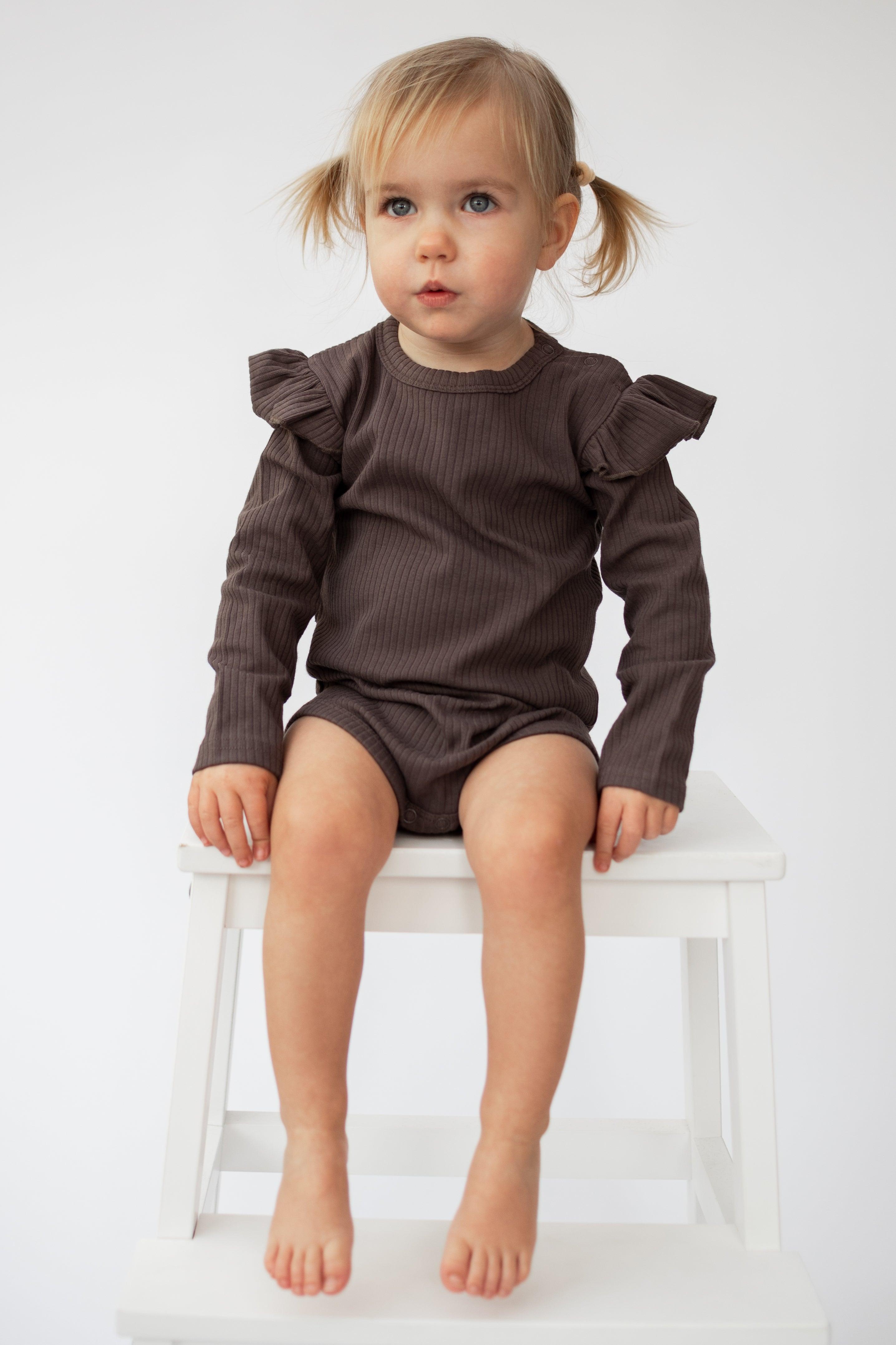 Charcoal Grey/Brown Frill Long Sleeve Bodysuit