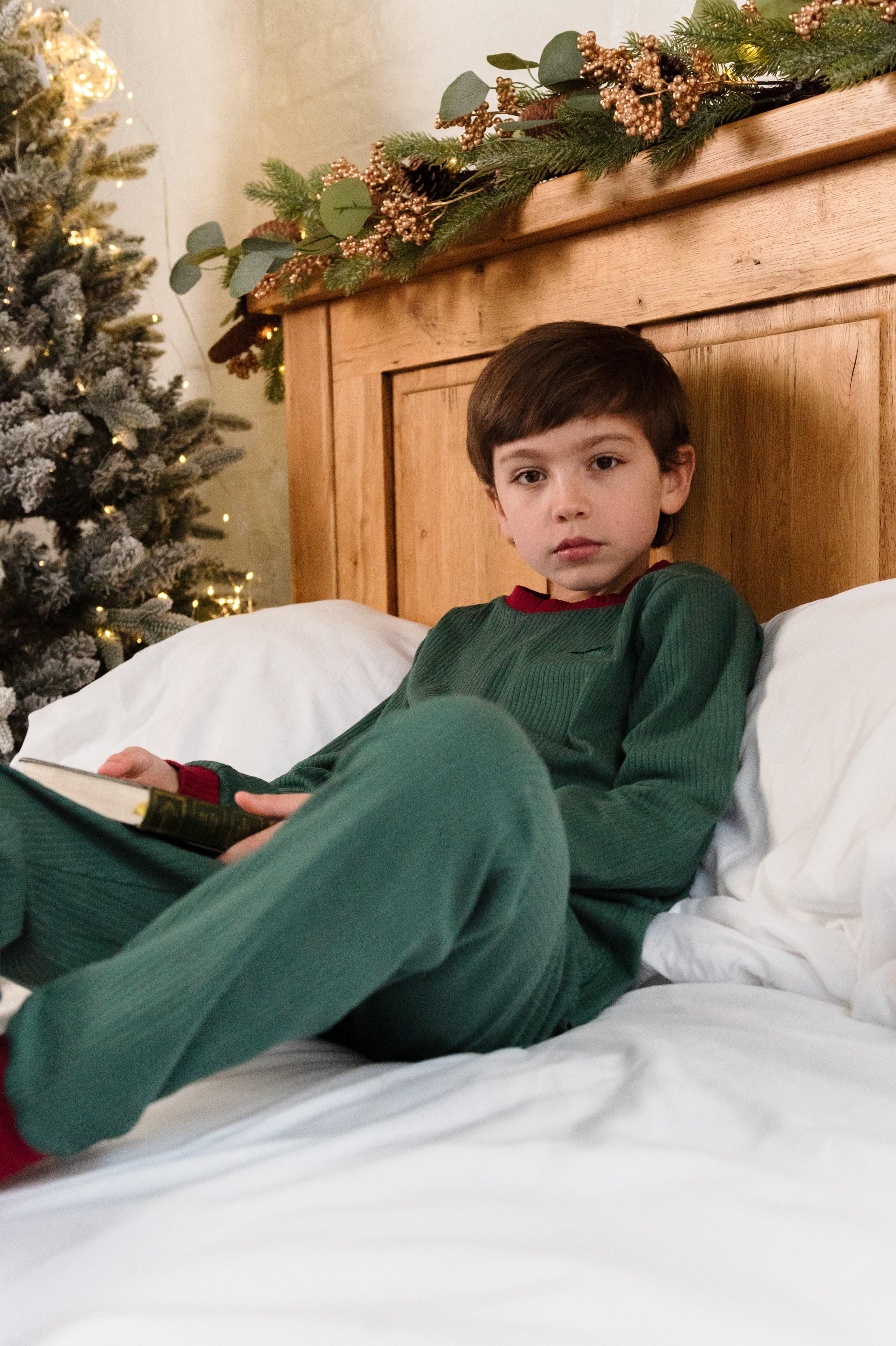 ClayBARE Deep Green with Red Children's Organic Ribbed Pyjamas