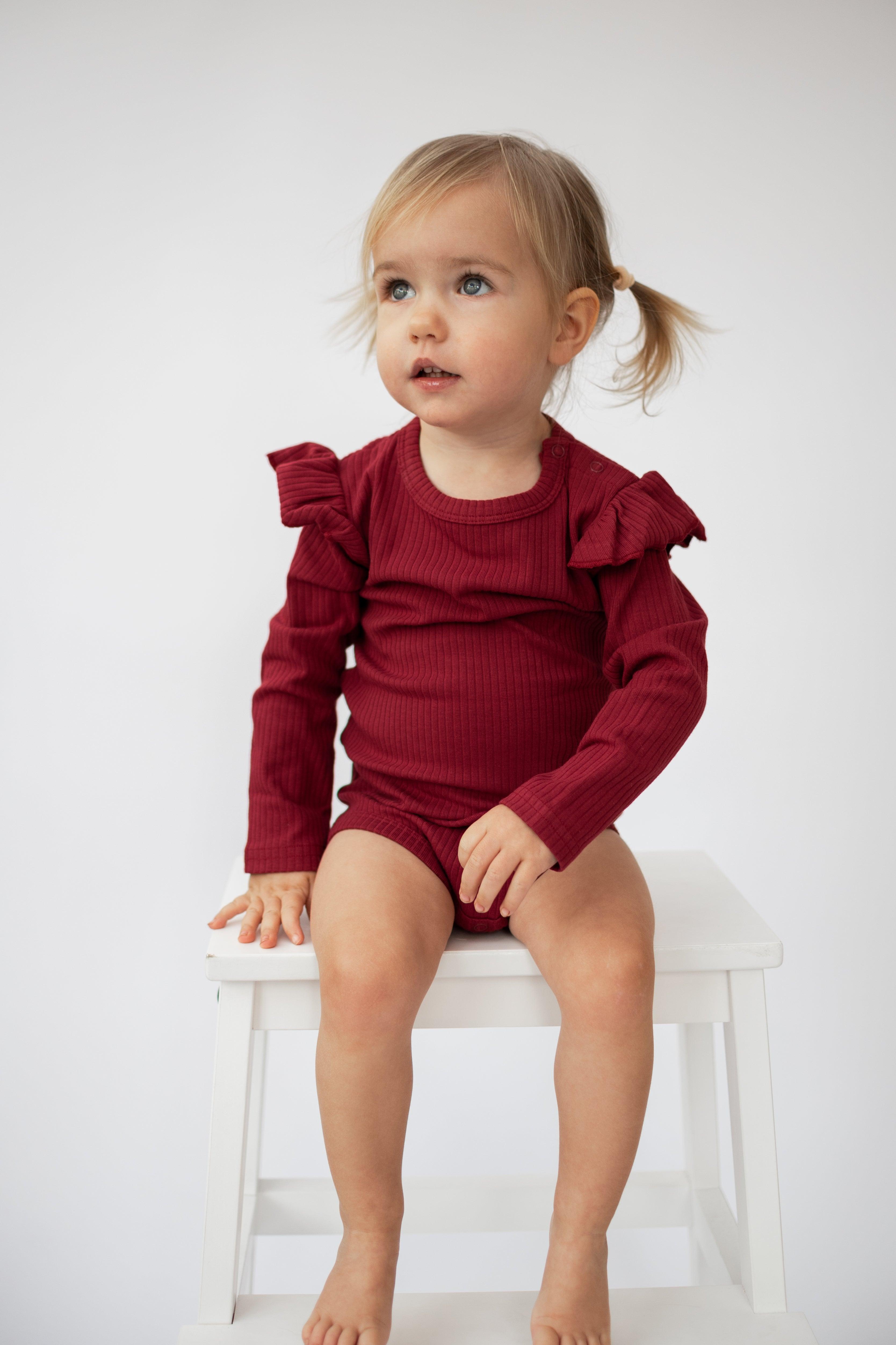 Dark Red Frill Long Sleeve Bodysuit