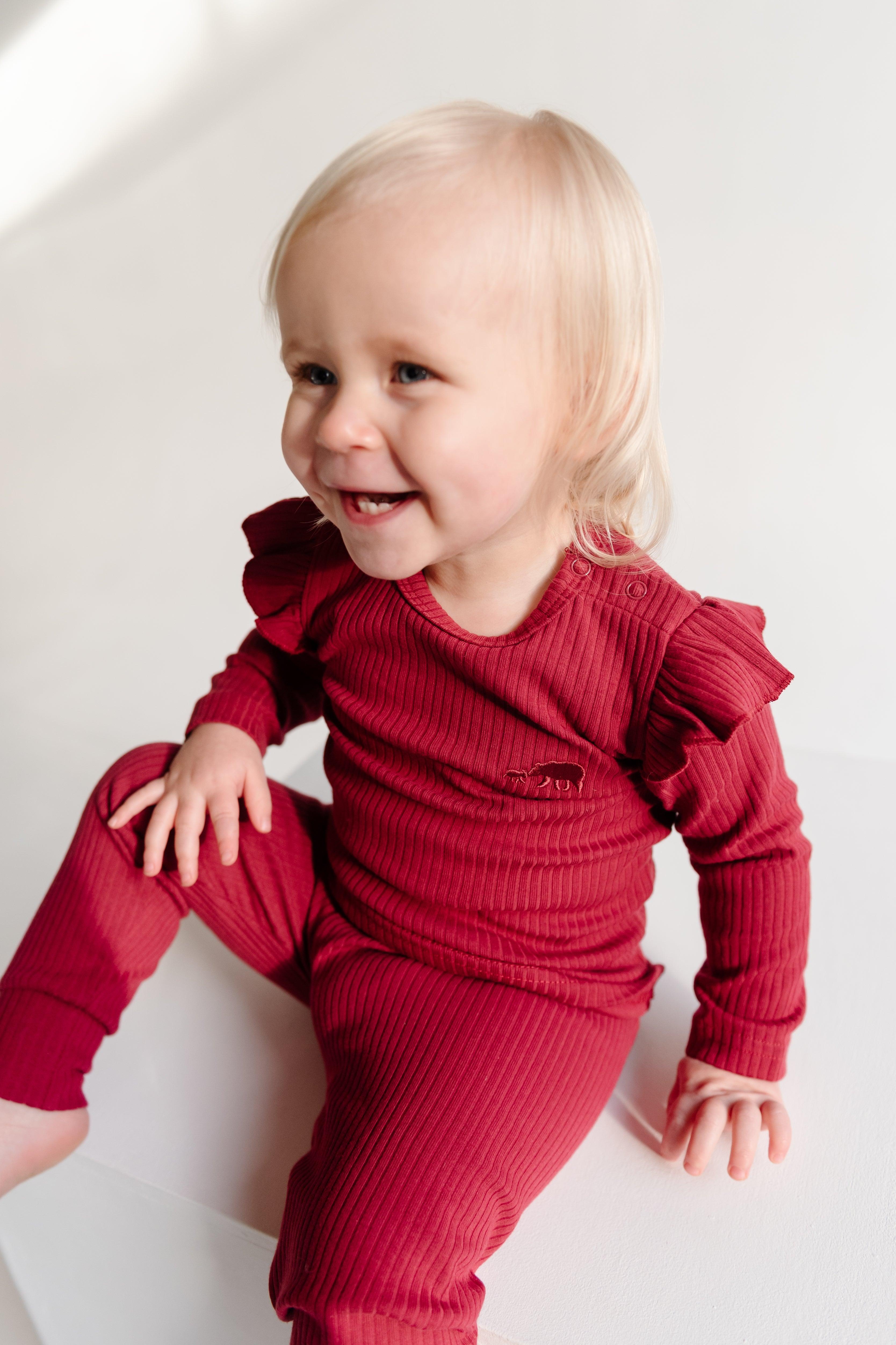 Deep Red Frill Ribbed Long Sleeve Top