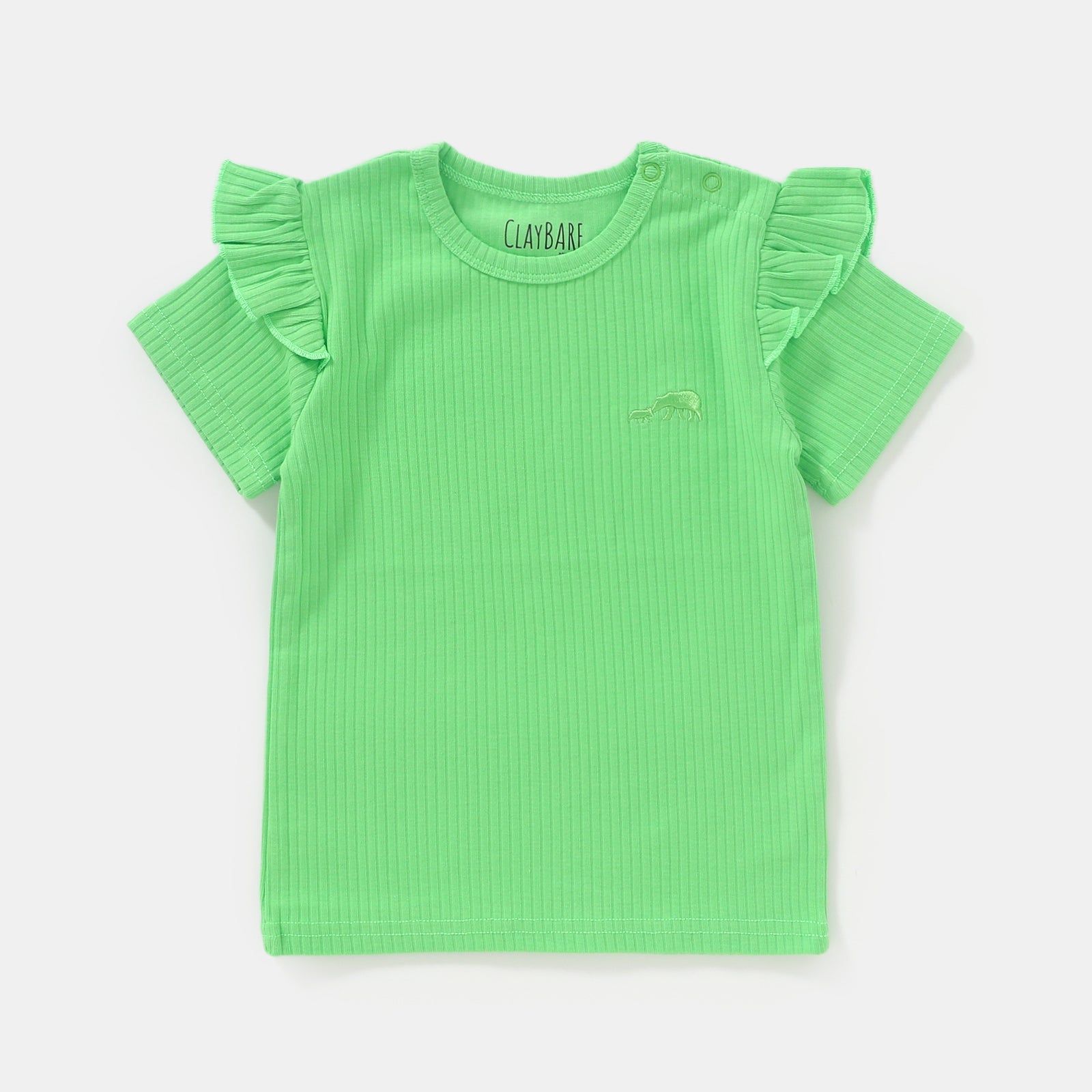 Soft Green Frill Ribbed Short Sleeve Top