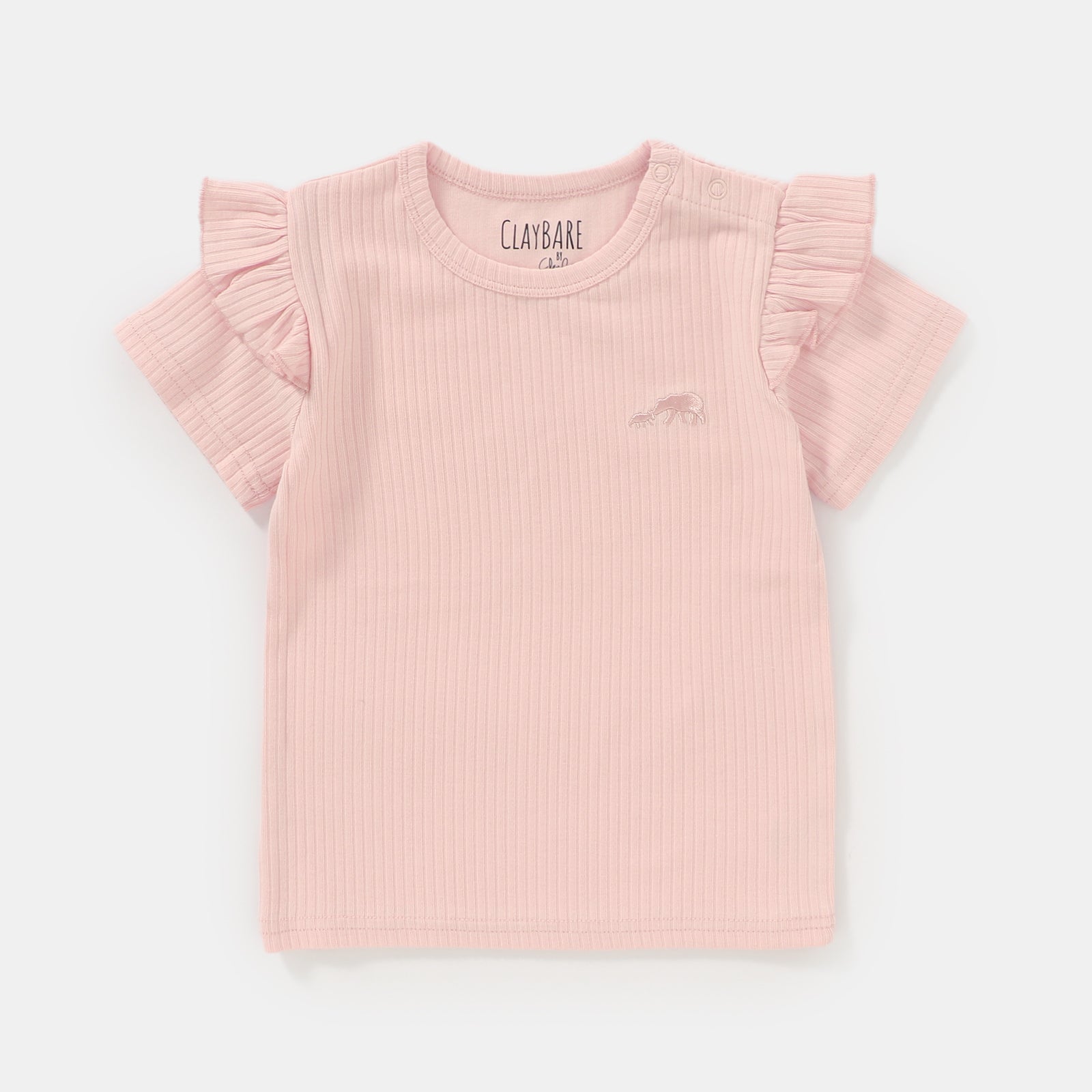 Baby Pink Frill Ribbed Short Sleeve Top
